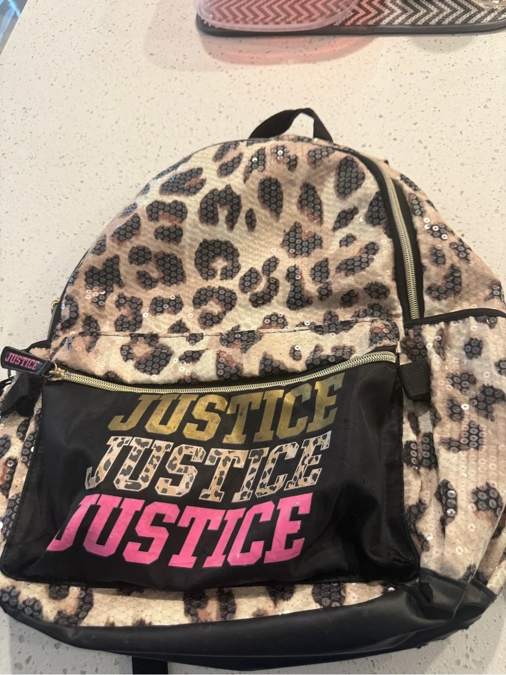 Justice Leopard Sequin Backpack with Pink & Gold Logo